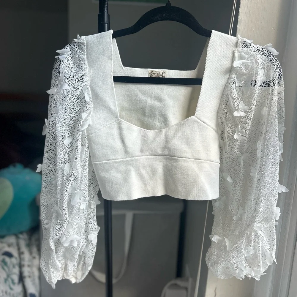 Free People White Square-Neck Puff Sleeve Crop Top